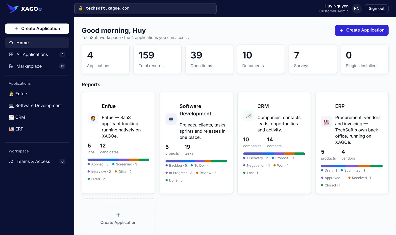 TechSoft.one's XAGOe workspace: recruiting, software development, CRM and ERP applications side by side with their records and stages